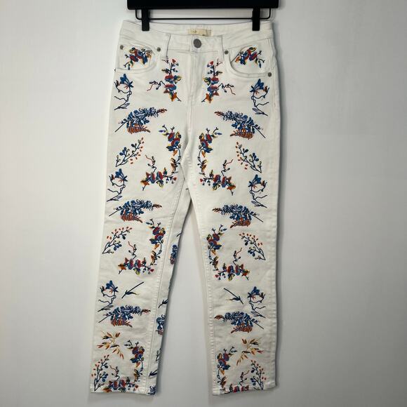Maje Embroidered Floral Straight Leg Denim Jeans White Blue Size 36 Boho Retro - Picture 2 of 15